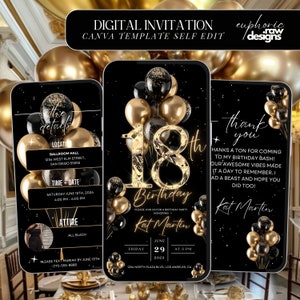 Invito per festa di compleanno 18°, modello di invito per cena glamour digitale 18° in oro nero, itinerario per il brunch modificabile con video di diamanti per il 18° compleanno