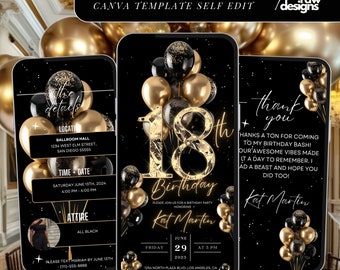 18th Birthday Party Invitation, Black Gold Digital 18th Glam Dinner Invite Template, 18th Invite Diamond Video Editable Brunch Itinerary