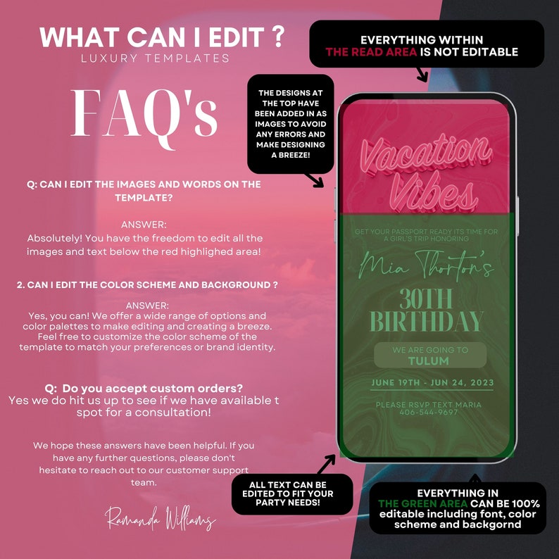 Puede incluir: Una plantilla digital para una invitaci&oacute;n de fiesta de cumplea&ntilde;os n&uacute;mero 30. La invitaci&oacute;n presenta un esquema de color verde y rosa con el texto "Vacation Vibes" y "Mia Thorton's 30th Birthday". La invitaci&oacute;n tambi&eacute;n incluye el texto "We are going to Tulum" y las fechas "June 19th - June 24, 2023".