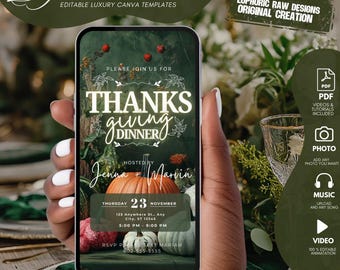 Thanksgiving Dinner Invitation, Fall Dinner Pumpkin Party Invite, Friendsgiving 2024 Evite, Self-Editable DIY Planner Itinerary Template