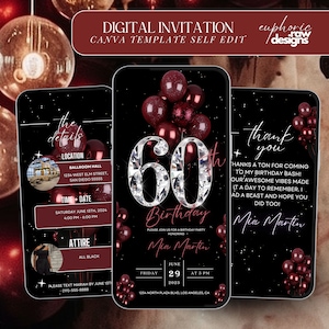 60th Birthday Party Invitation, Maroon Black Balloons Digital 60th Glam Dinner Invite Template, Diamond Video Editable Brunch Itinerary