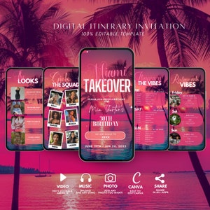 Miami Birthday Itinerary, Birthday Weekend, Miami Bachelorette Party, Girl&#39;s Trip, Travel Itinerary Template, Bachelorette Itinerary