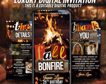 Könnte beinhalten: Eine digitale Einladung mit dem Thema Herbstfeuer. Das Design beinhaltet eine Lagerfeuergrafik, die Worte "Fall Bonfire" und Eventdetails. Die Einladung ist für Jamie Lynns 25. Geburtstag. Der Text "Luxury Digital Invitation" steht oben.