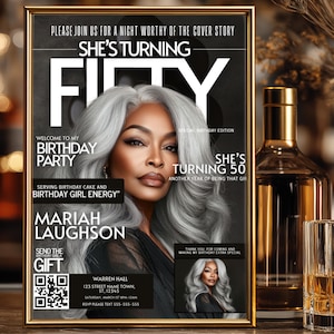 May include: A framed invitation for a 50th birthday party. The invitation features a woman with silver hair on the cover, with text that reads "She's Turning Fifty" and "Mariah Laughson". The invitation also includes party details.