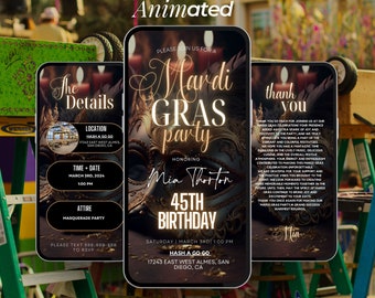 May include: Digital animated invitation for a Mardi Gras party, featuring a gold and black masquerade mask design. The invitation includes event details, date, time, and RSVP information. The theme is a 45th birthday celebration.