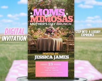 Cyfrowe zaproszenie na brunch z okazji Dnia Matki, animowane zaproszenie, kwiatowy plan podróży Moms & Mimosas, edytowalne zaproszenie na brunch z okazji Dnia Matki