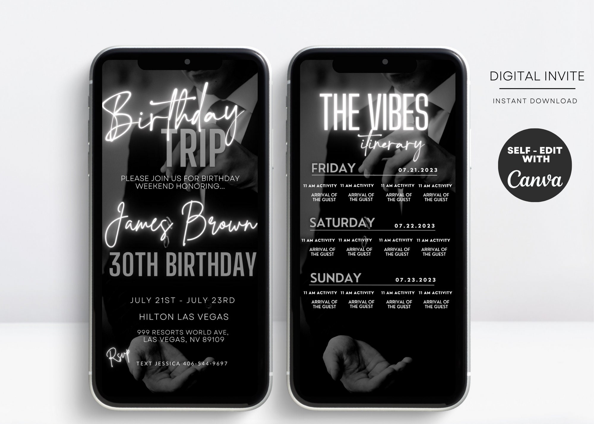 Digital Itinerary Men's Birthday Weekend Invitation, Weekend Travel Itinerary Schedule, Whiskey, Phone Evite,  Template