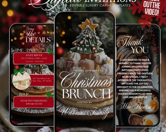 Peut inclure: Invitations numériques avec des modèles Canva de luxe modifiables. L'image montre trois écrans de smartphone avec les détails du brunch de Noël. Un écran affiche les détails de l'événement, un autre présente un gâteau et le troisième dit "Merci."