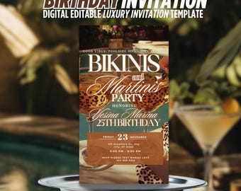 Digital Bikinis & Martinis Invitation, Pool Party, Beach Bash, Bachelorette Girls Night, Birthday,Leopard Print, Summer Event, BBQ Evite