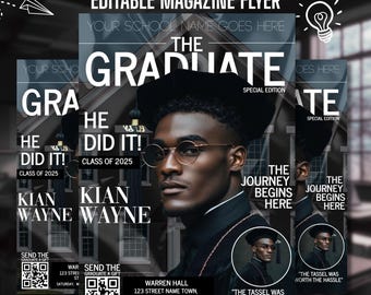 Graduation Magazine Invite for Boys, Class of 2026 Editable Template, Modern Green Grad Party Flyer, Canva Digital Download