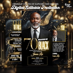May include: Digital invitation for a 70th birthday party, featuring a portrait of a distinguished Black man in a suit. The design includes gold accents, marble textures, and the text "70 Shades of Black".