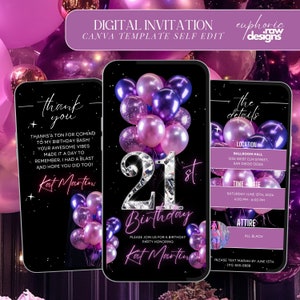 21st Birthday Party Invitation, Purple Pink Balloons Digital 21st Glam Dinner Invite Template, Diamond Video Editable Brunch Itinerary