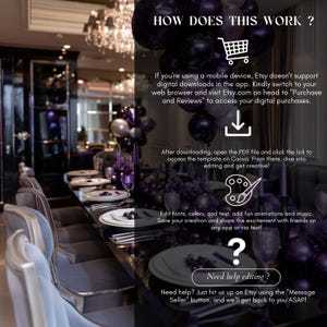 May include: A graphic showing how to access a digital download on Etsy. The graphic shows a dining room table set with purple and silver decorations. The text explains how to access the digital download and edit it using Canva.