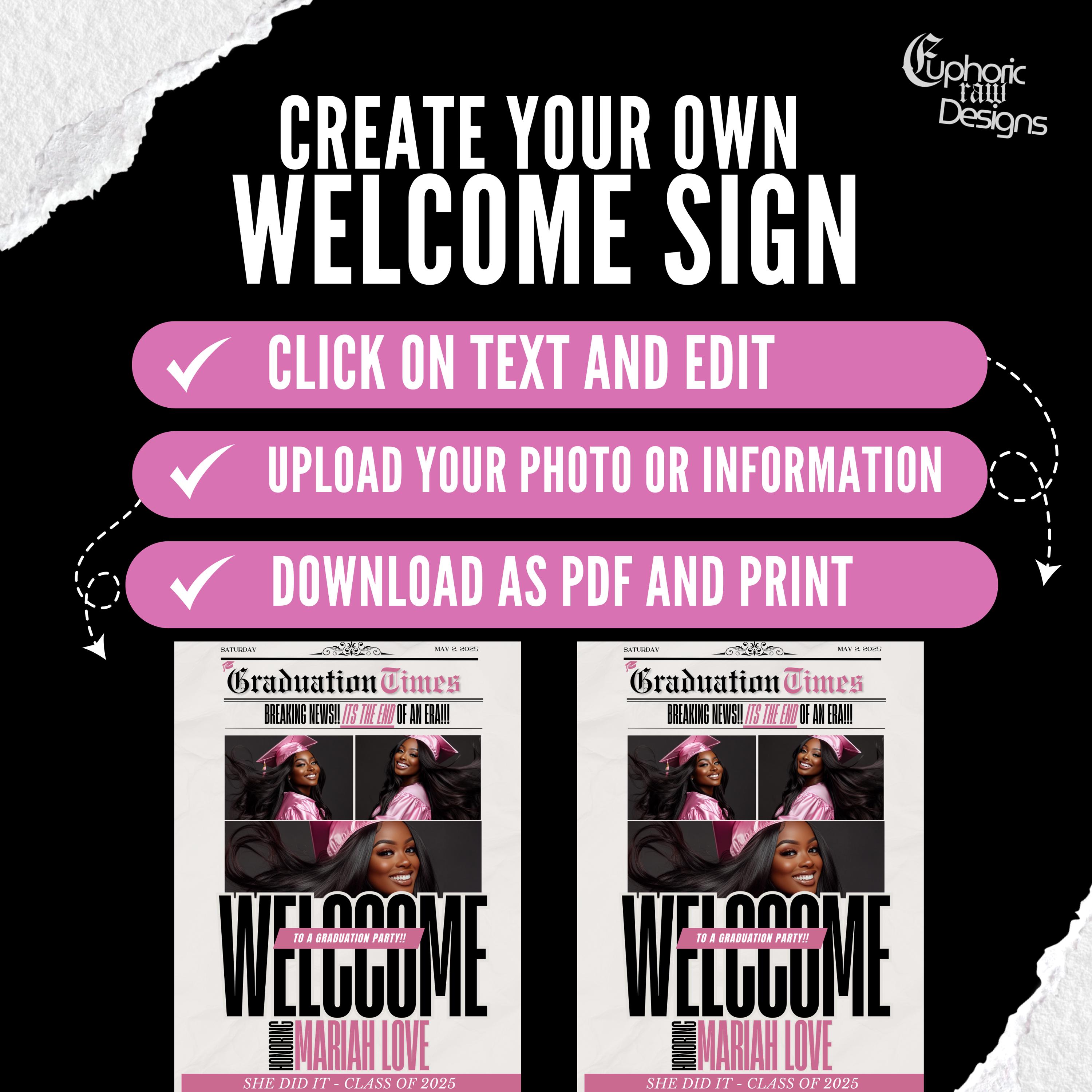 Pink Sign Grad Example Pink Graduation Welcome Sign, Newspaper Style Editable Template ...