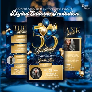 55th Birthday Invitation, Blue Gold Animated Evite, 55th Elegant Balloon Party Invite, DIY Editable Itinerary, Mobile Invite for Men Women