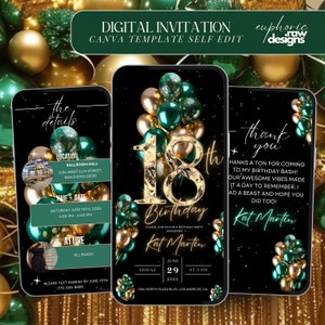 18. Geburtstagsfeier-Einladung, Grün Gold Digitales 18. Glam Dinner Laden Vorlage ein, 18