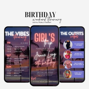 Digital Travel itinerary, itinerary template,  travel itineray, Birthday Weekend Invitation, Weekend Itinerary, Digital Schedule, Girls Trip