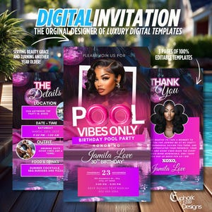 May include: A digital invitation for a pool party celebrating a 30th birthday. The invitation features a pink and purple color scheme with a pool and palm trees in the background. The text on the invitation reads "Pool Vibes Only Birthday Pool Party Honoring Jamila Love 30th Birthday".