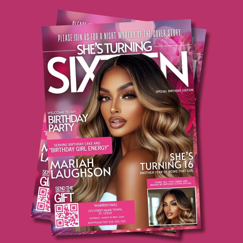 Pink 16th Birthday Magazine Invitation for Women, Glam Magazine Party ...