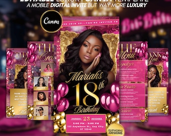 18th Birthday Party Invitation, Pink Gold Digital 18th Glam Dinner Invite Template, Photo Evite Video Editable Brunch Itinerary