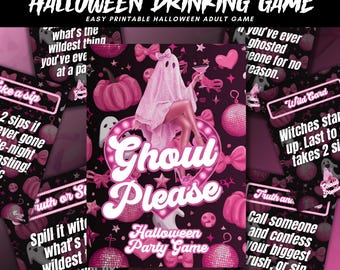 May include: A Halloween drinking game with a pink and black design. The game includes cards with prompts like "Spill it with what's your wildest..." and "Call someone and confess your biggest crush, or sip."