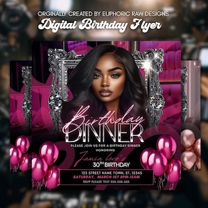 Elegant Silver Pink Birthday Dinner Party Invitation, Digital Video Invite, Canva Template, Glam Dinner, Social Media Flyer, DIY Editable