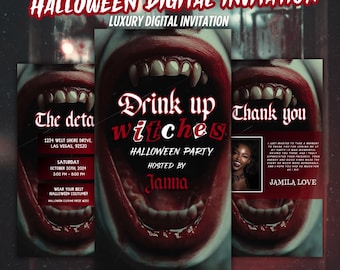 May include: Digital Halloween invitation with a vampire theme. The design features a large open mouth with sharp fangs, and the text "Drink up witches" and "Halloween Party". Includes event details and a thank you card.