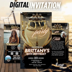 Boat Party Invitation, Animated Yacht Party Evite, Gold Digital Yacht Beach Cruise Birthday Invite, Summer Sailing, DIY Editable Template