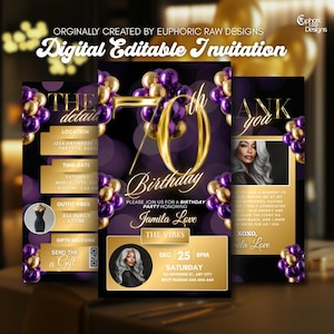 Luxury Purple and Gold 70th Birthday Invitation, Glam Editable Canva Template, Digital Dinner Party Flyer Birthday Invite, Save the Date
