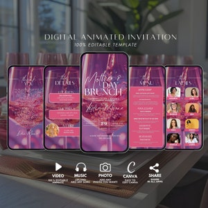 K&ouml;nnte beinhalten: Digitale animierte Einladungsvorlage f&uuml;r einen Muttertagsbrunch. Die Vorlage verf&uuml;gt &uuml;ber einen rosa und violetten Hintergrund mit einem Weinglas und dem Text "Muttertagsbrunch". Die Vorlage ist zu 100% editierbar und kann verwendet werden, um eine benutzerdefinierte Einladung f&uuml;r jede Veranstaltung zu erstellen.