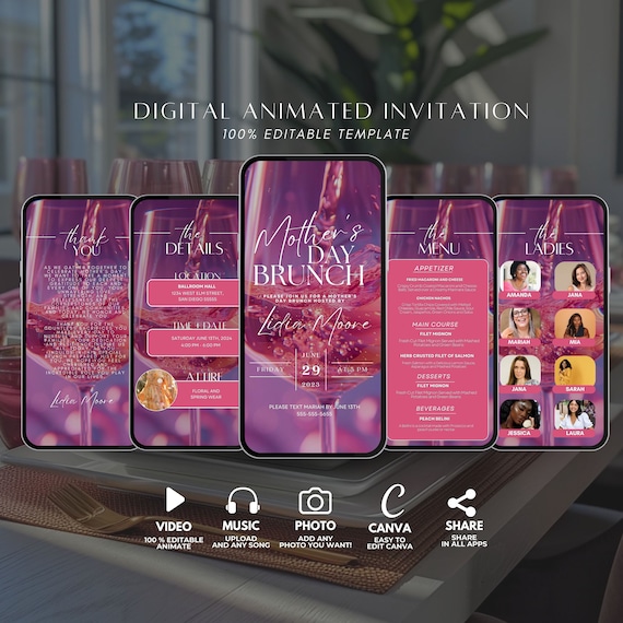 Boho Floral Mother's Day Brunch Invitation – Editable Animated Video Canva Invite, DIY Mom Celebration, Digital Party Invite