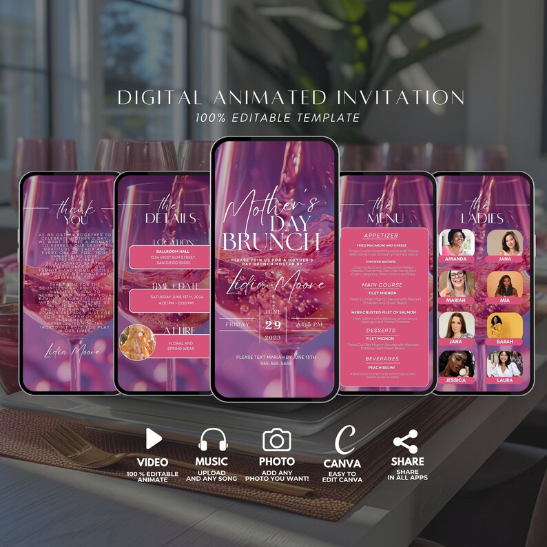 K&ouml;nnte beinhalten: Digitale animierte Einladungsvorlage f&uuml;r einen Muttertagsbrunch. Die Vorlage verf&uuml;gt &uuml;ber einen rosa und violetten Hintergrund mit einem Weinglas und dem Text "Muttertagsbrunch". Die Vorlage ist zu 100% editierbar und kann verwendet werden, um eine benutzerdefinierte Einladung f&uuml;r jede Veranstaltung zu erstellen.