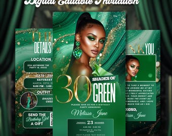 Editable 30th Birthday Party Invitation Video Template, Shades of Green and Gold 30th Digital Invite, Women’s Birthday Animated Canva Evite
