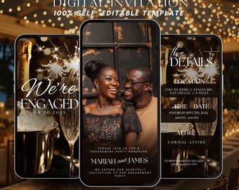 Invitación digital para fiesta de compromiso, elegante plantilla editable para invitación de boda, invitación de compromiso personalizable