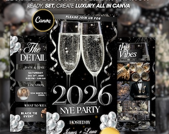 May include: Black and silver New Year's Eve party invitation. The design features two champagne flutes, the year 2026, and the text "NYE Party." Includes event details and the Canva logo. The invitation is designed to be edited.
