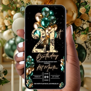 21st Birthday Party Invitation, Green Gold Digital 21st Glam Dinner Invite Template, Diamond Video Editable Brunch Itinerary