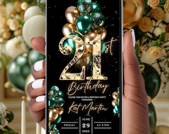 21st Birthday Party Invitation, Green Gold Digital 21st Glam Dinner Invite Template, Diamond Video Editable Brunch Itinerary