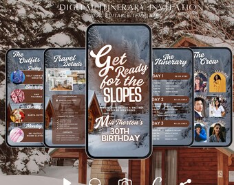May include: A digital invitation for a ski trip weekend celebrating Mia Thorton's 30th birthday. The invitation features a cabin in the snow, a list of outfits, travel details, a schedule, and a group photo of the attendees.