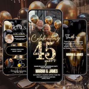 Einladung zum 45-jährigen Jubiläum, Party-Reiseplan, Schwarz-Gold-Vorlage, Hochzeit goldenes Jubiläum, We Still Do, Überraschungsgelübde Erneuerung Evite