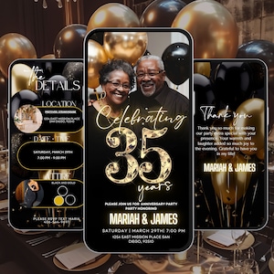 Invito per il 35° anniversario, itinerario della festa, modello Black Gold, anniversario di matrimonio d'oro, We Still Do, invito a sorpresa per il rinnovo dei voti