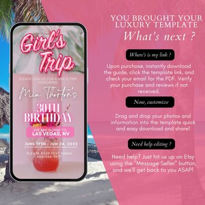Puede incluir: Una invitaci&oacute;n digital rosa y blanca para una fiesta de cumplea&ntilde;os n&uacute;mero 30. La invitaci&oacute;n presenta un letrero de ne&oacute;n rosa que dice "Girl's Trip" y una bebida de c&oacute;ctel rosa y blanca. El texto de la invitaci&oacute;n dice "Por favor, &uacute;nase a nosotros para un viaje de chicas en honor al 30 cumplea&ntilde;os de Mia Thorton. Vamos a Las Vegas, NV del 19 de junio al 24 de junio de 2023. Por favor, env&iacute;e un mensaje de texto a Maria al 406-544-9697 para confirmar su asistencia."