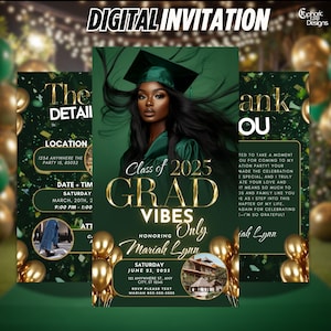 Faire-part de remise des diplômes vert, faire-part de fin d'études numérique pour la promotion 2025, ambiance des diplômés, cadeau de remise des diplômes, modèle de carte électronique modifiable pour diplômés