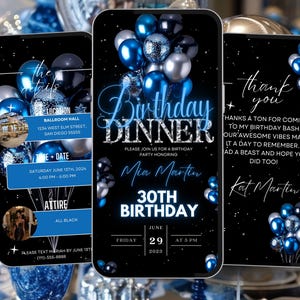 Invito a cena di compleanno, elegante invito digitale per festa di compleanno, festa formale blu-argento, modello animato modificabile