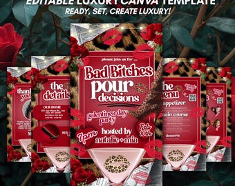 Galentines Day Invitation, Valentines Day Invite, Red Leopard Print, Pour Decisions Party, Girls Night Pajama Party, Digital Download