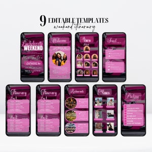 K&ouml;nnte beinhalten: Neun editierbare Vorlagen f&uuml;r einen Junggesellinnenabschied-Wochenendplan. Die Vorlagen werden auf Smartphones mit einem rosa-schwarzen Farbschema angezeigt. Die Reiseroute enth&auml;lt Details f&uuml;r Las Vegas, NV.