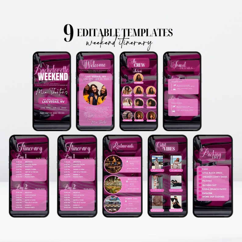K&ouml;nnte beinhalten: Neun editierbare Vorlagen f&uuml;r einen Junggesellinnenabschied-Wochenendplan. Die Vorlagen werden auf Smartphones mit einem rosa-schwarzen Farbschema angezeigt. Die Reiseroute enth&auml;lt Details f&uuml;r Las Vegas, NV.