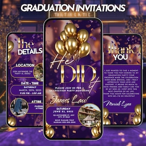 Faire-part de remise des diplômes, invitation numérique animée promotion 2025 pour garçons, modèle pour l'université, carte postale violette He Did it High School hommes