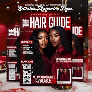 Roter Magazin-Buchungsflyer, DIY Canva-Vorlage, Friseurtermin, Beauty-Service-Promo, bearbeitbarer Salon-Flyer, digitaler Download