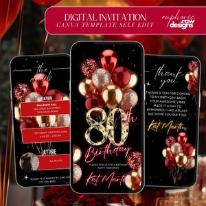 Puede incluir: Invitación digital para una fiesta de cumpleaños número 80 con fondo negro, globos dorados y rojos, y el texto "80 cumpleaños" en purpurina dorada. La invitación incluye los detalles del evento, incluyendo la ubicación, la hora, la fecha y el atuendo. El texto "Kat Martin" aparece en neón rosa.