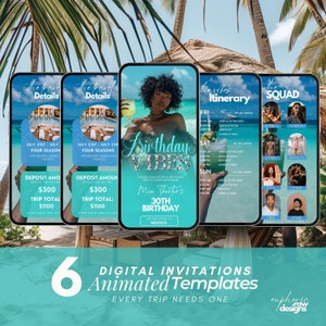 Digitale meisjes weekendtrip uitnodiging, geanimeerde verjaardag reisroute, Pink Sisters trip Miami vakantie Evite, zelf bewerkbare sjabloon